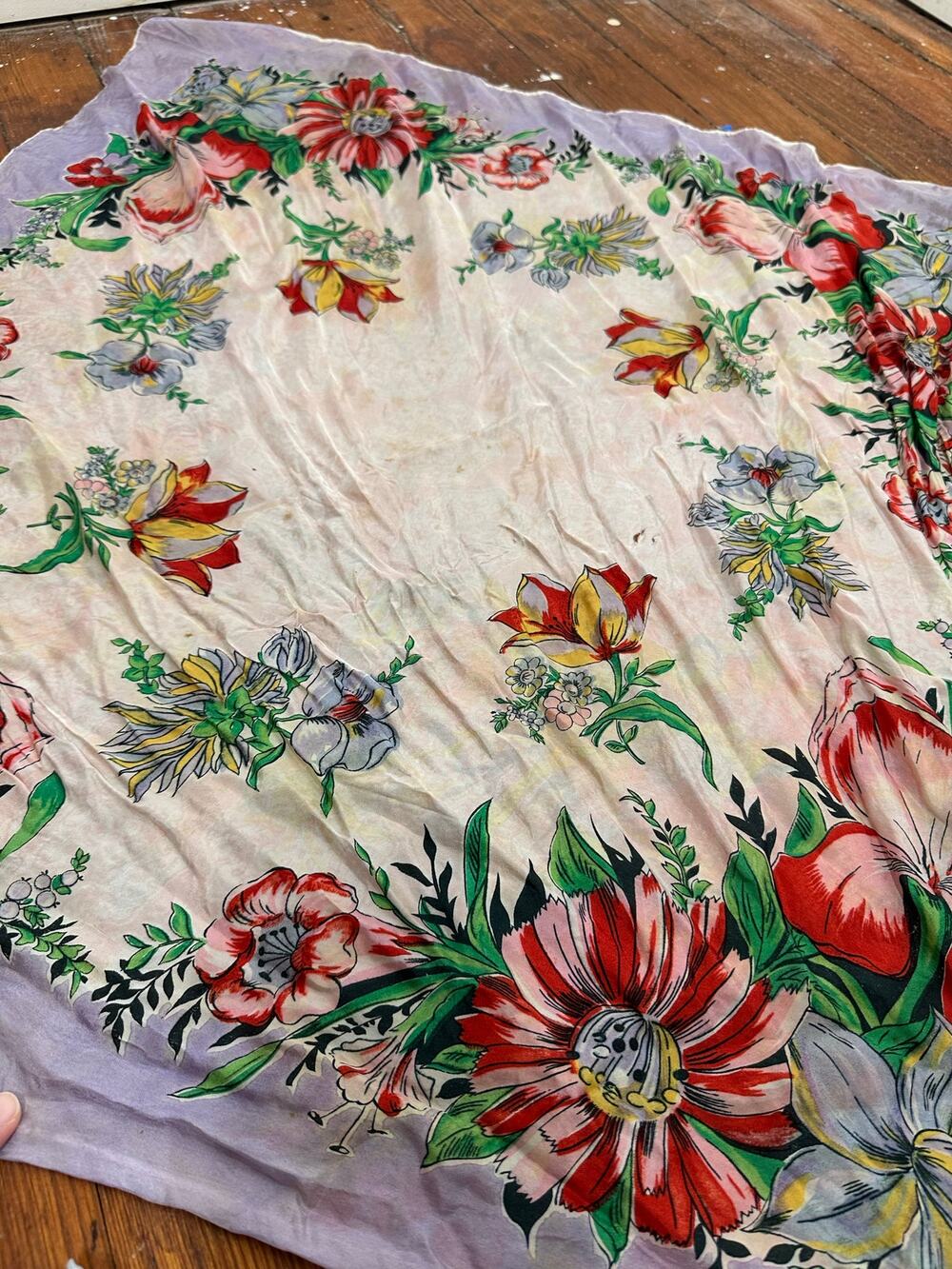 Vintage FLORAL White Red Silky Scarf Small Tablecloth Roses Headwrap Scarf